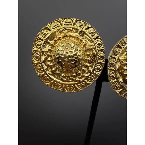 Vintage Etruscan Medallion Gold Plated Clip On Earrings